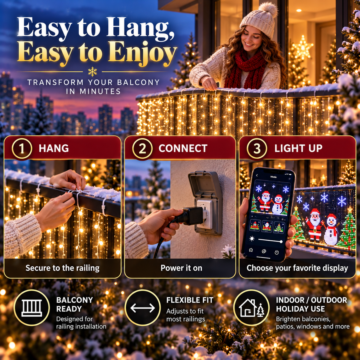 🎉 RGB Pixel Smart Curtain Lights | App Controlled Animated Holiday Lights for Window & Balcony, 2m×1.5m