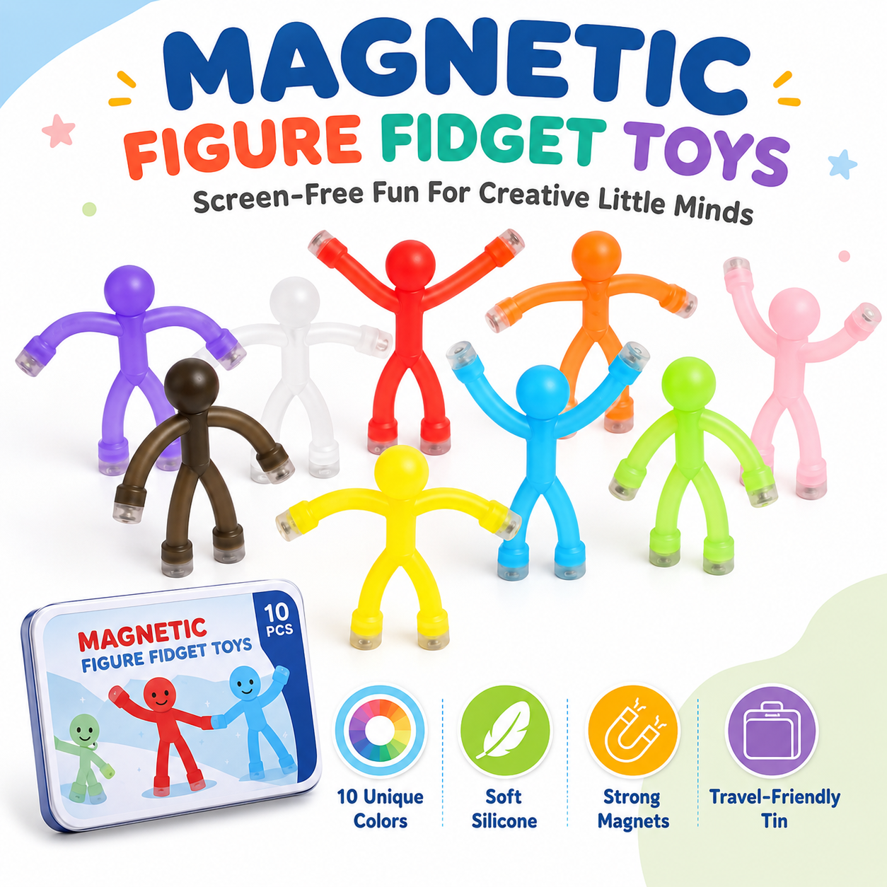 10 Pack Magnetic Bendy Figure Fidget Toys with metal storage tin