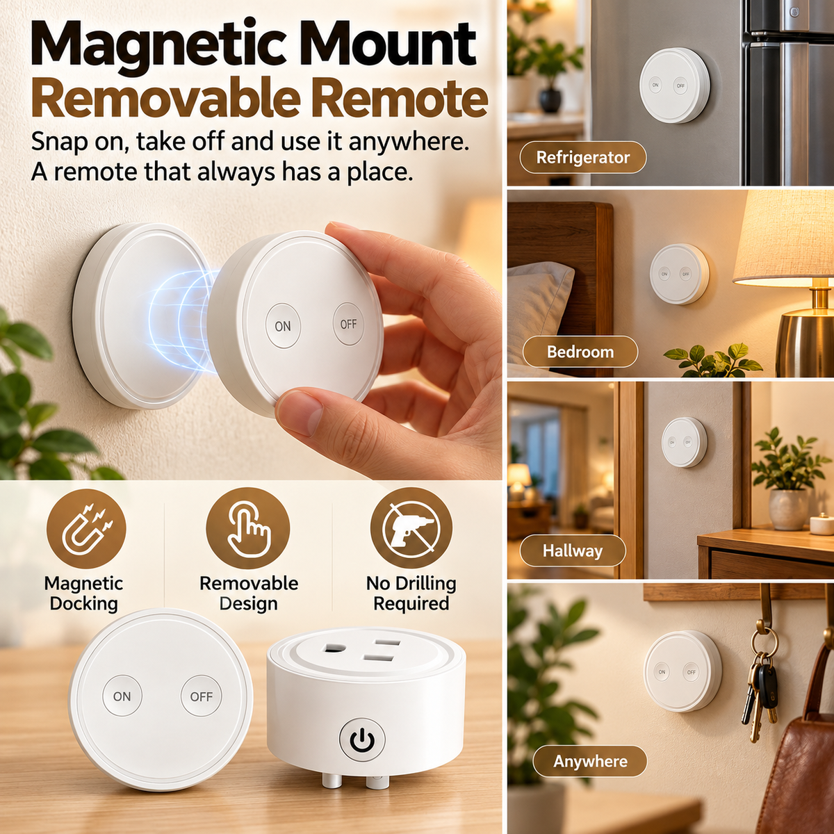Magnetic removable remote mounted in bedroom hallway and refrigerator