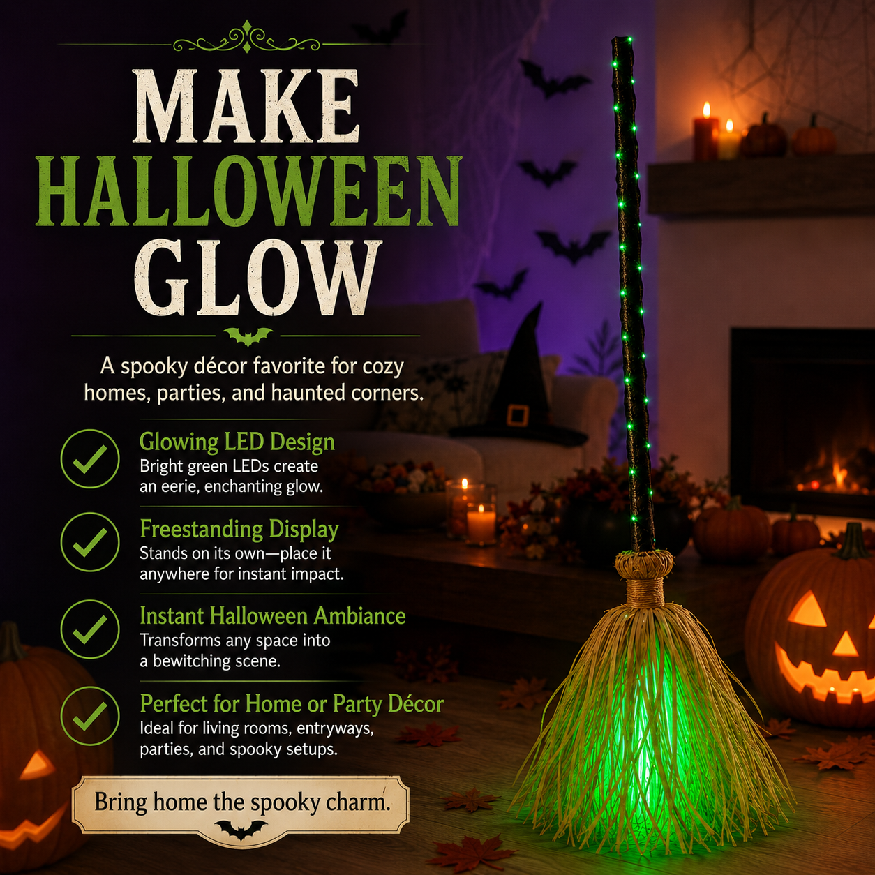 🧹 Light-Up Witch Broom Halloween Decoration – Spooky Green LED Décor