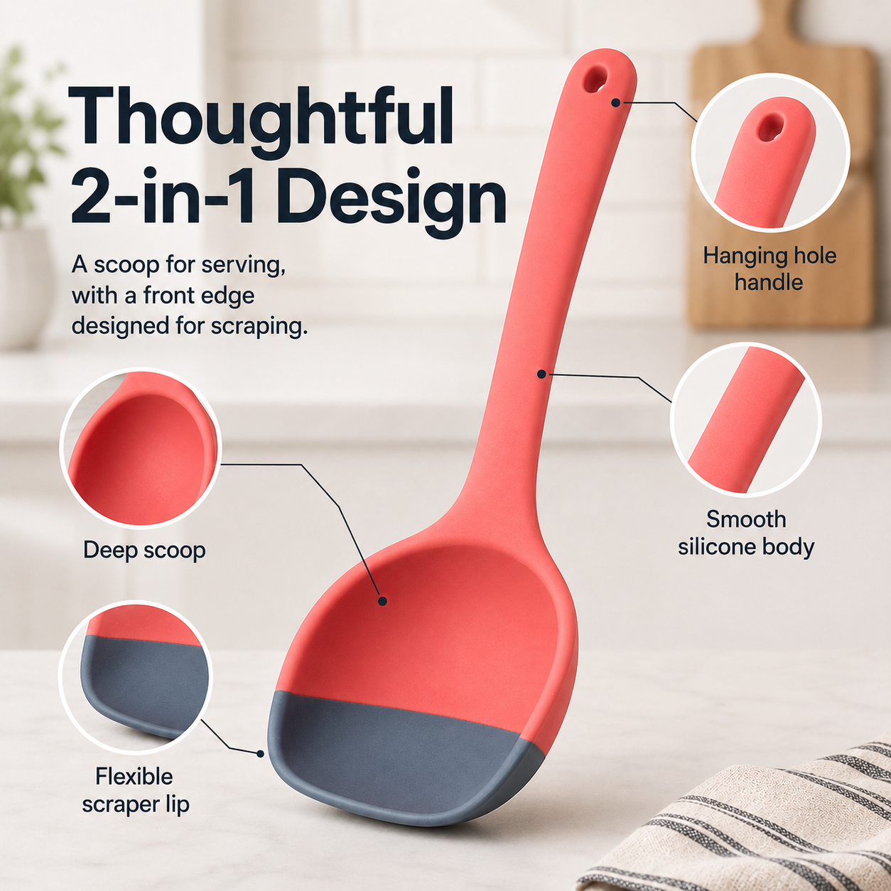 🥄 2-in-1 Silicone Scoop & Scraper Spoon – Multi-Purpose Cooking & Serving Utensil