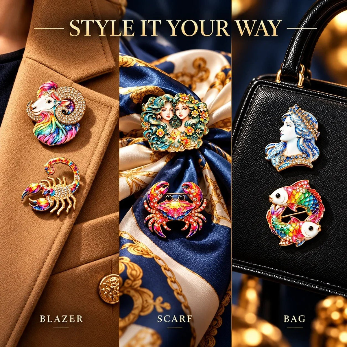 ♈ Luxury Zodiac Enamel Brooch – Colorful Astrology Lapel Pin for Blazers, Coats & Gifts