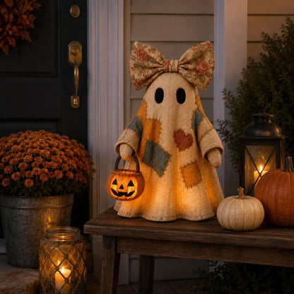 👻 25.6" Lighted Vintage Patchwork Ghost – Cozy Halloween & Fall Home Decor