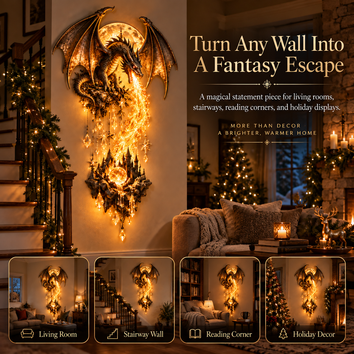 Dragonfire fantasy wall decor used in living room stairway reading corner and holiday display