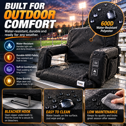 🔥 Heated & Massaging Bleacher Seat – 3 Heat Levels, 6 Reclining Positions