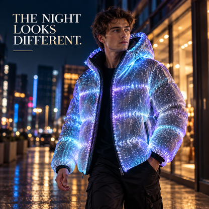 ⚡🌌LED Light-Up Puffer Jacket – All-Over Fiber Optic Glow, Hooded Winter Coat for Festivals & Nightlife ✨