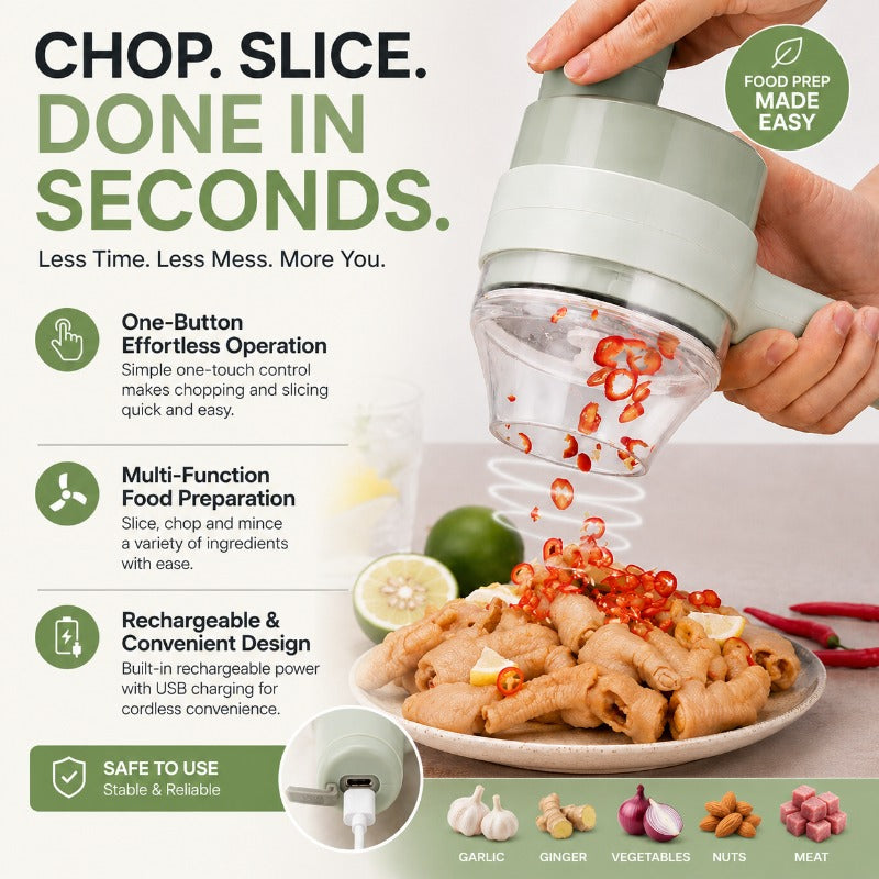 Cordless handheld food chopper slicing fresh chili directly over a plate