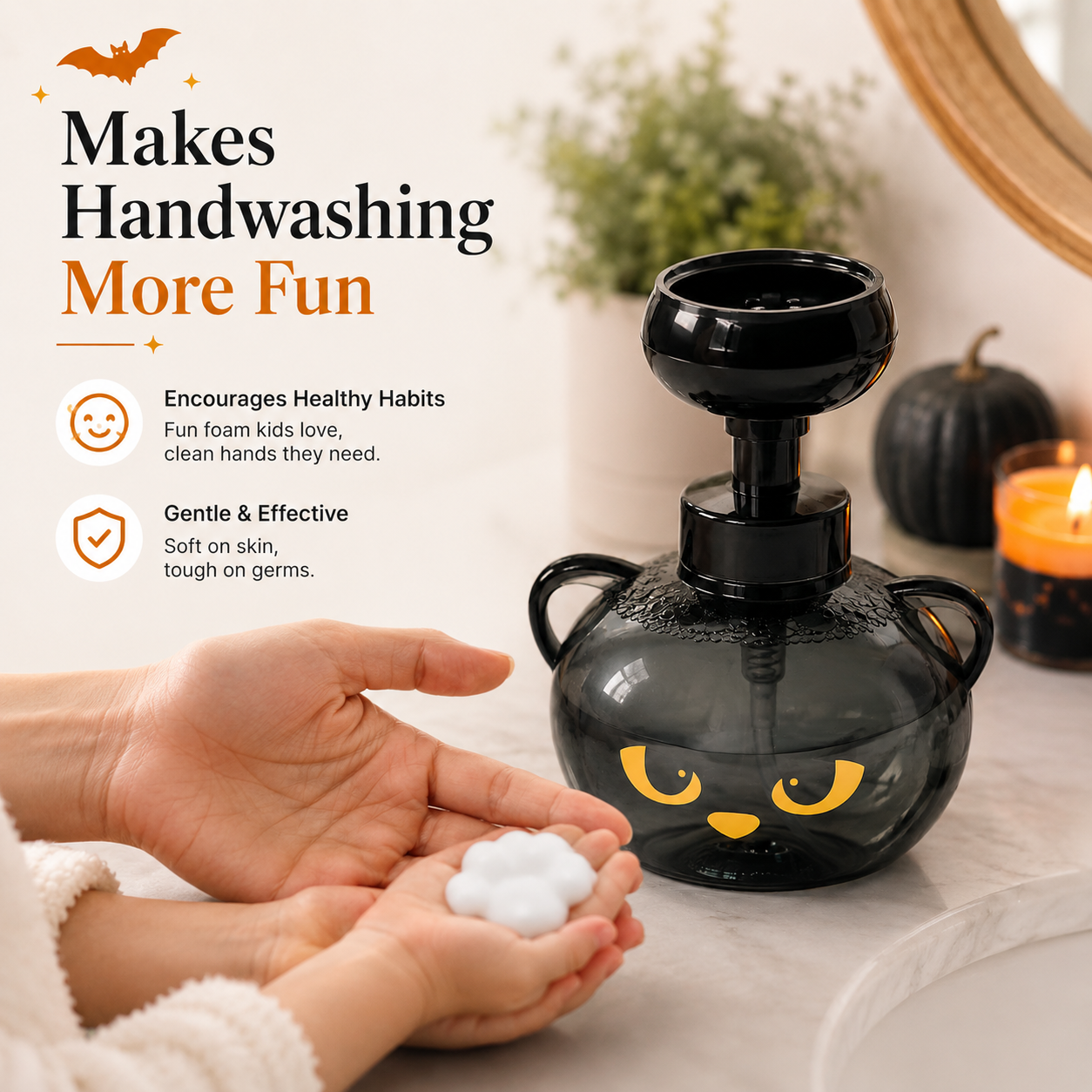 Using spooky cat soap dispenser for playful handwashing