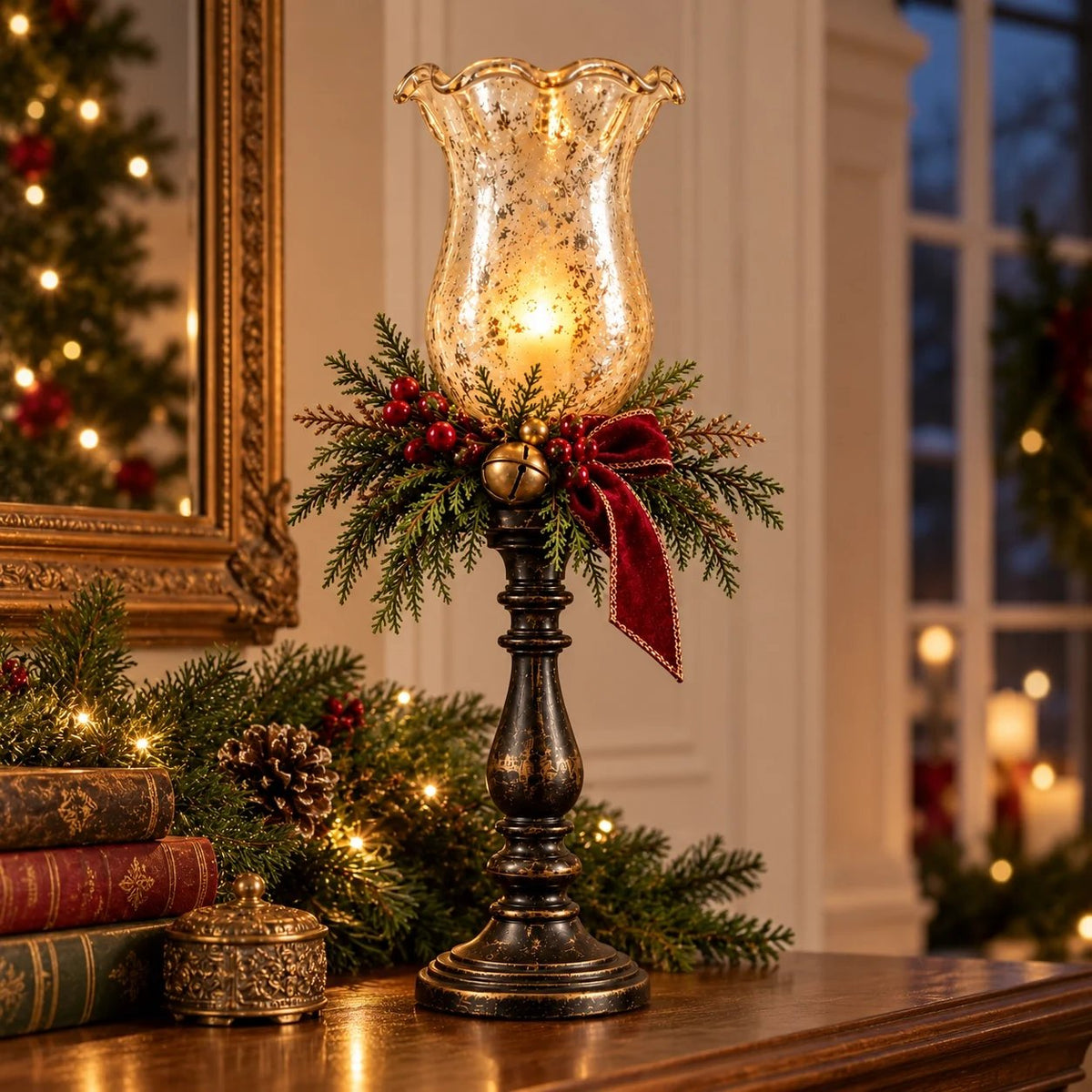 🕯️ Vintage Mercury Glass Christmas Candle Lamp – Flickering LED Holiday Decor