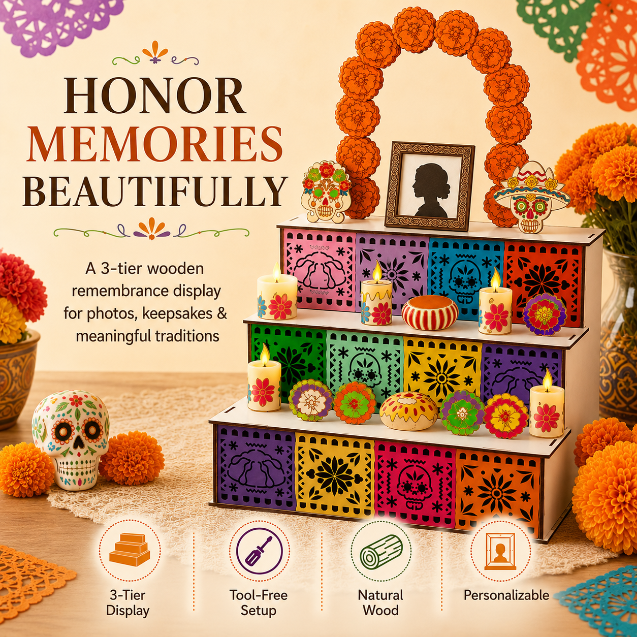 🔥Last Day 49% OFF - 🎃Day of the Dead Wooden Altar Display Set | 💕Death is not the end of life, forgetting is