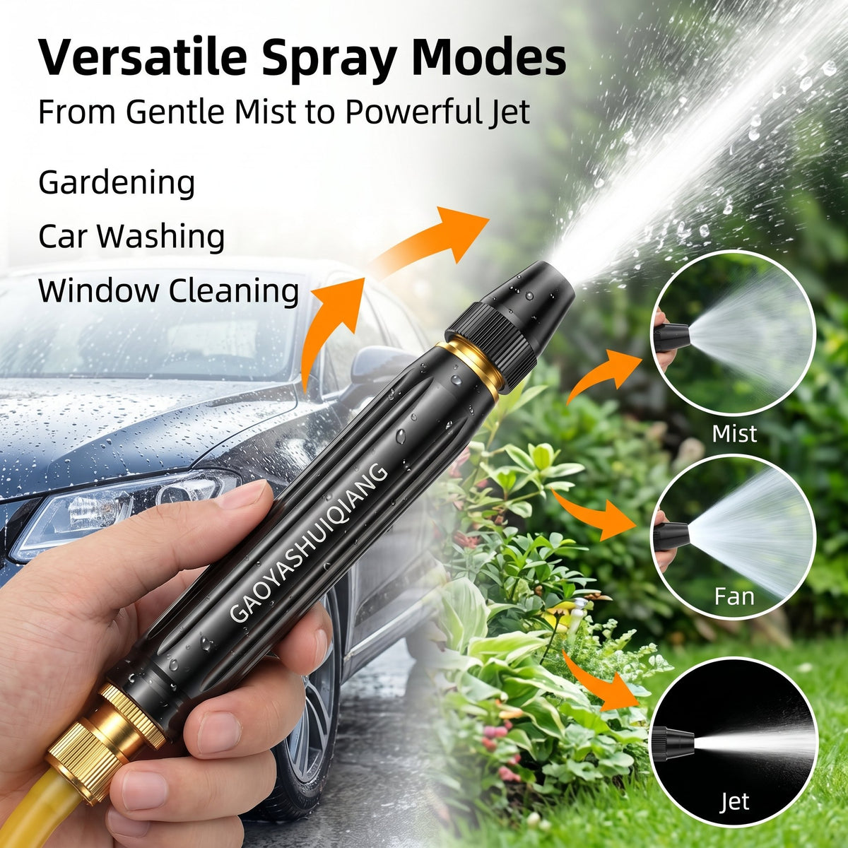 Water spray gun showing mist fan and jet spray patterns