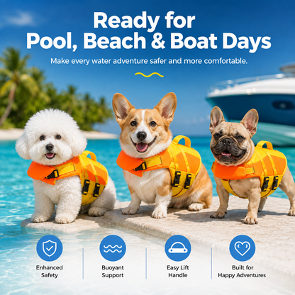🐶 Adjustable Dog Life Jacket – Chin Float, Rescue Handle & Secure Swim Vest