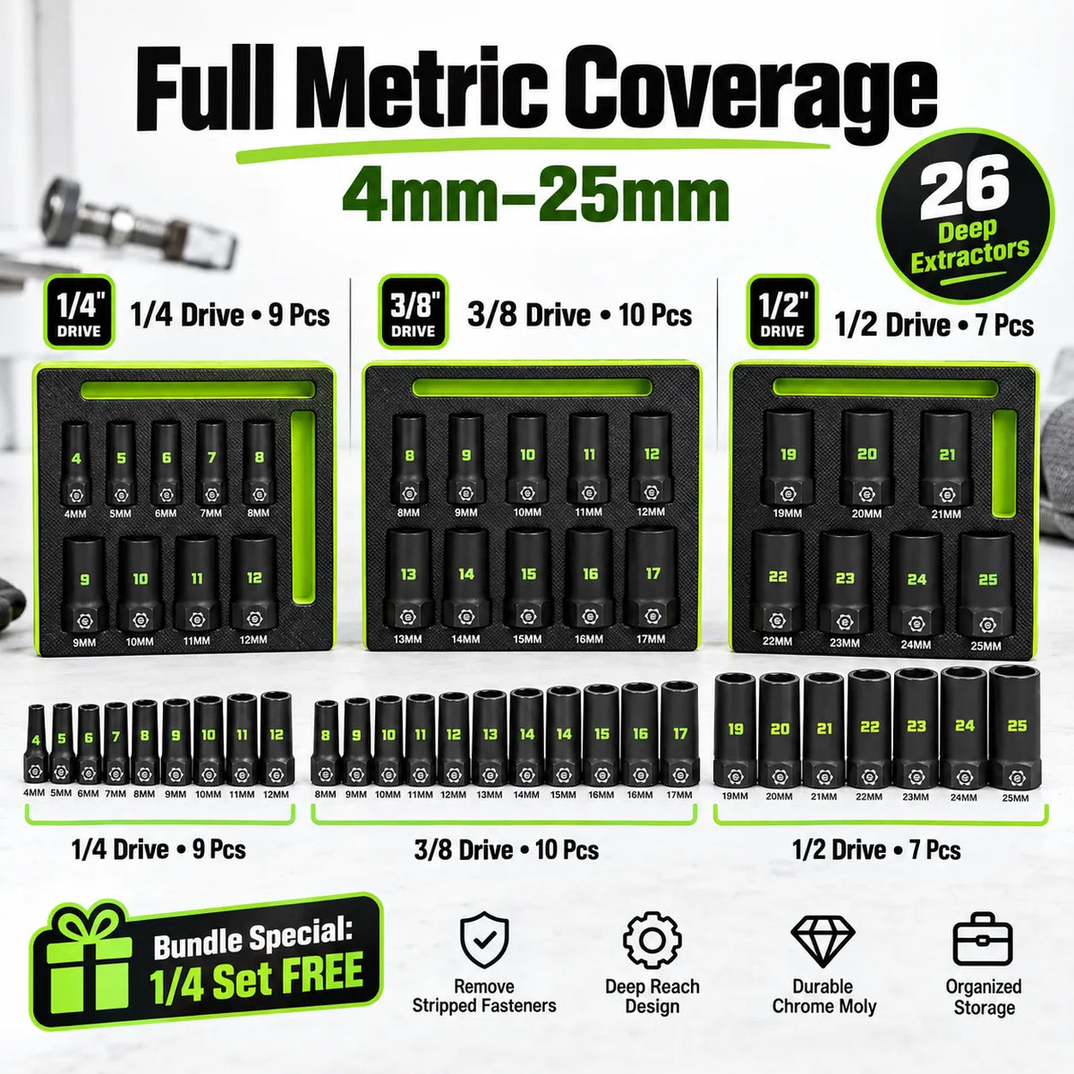 🔩 26-Pc Deep Socket Extractor Bundle — 4–25mm Metric, 1/4', 3/8' & 1/2' Drive