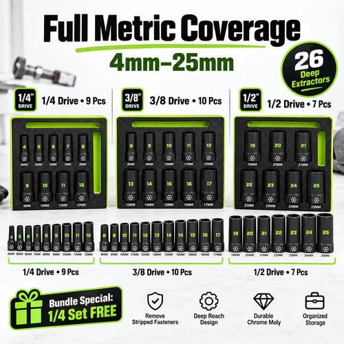 🔩 26-Pc Deep Socket Extractor Bundle — 4–25mm Metric, 1/4', 3/8' & 1/2' Drive