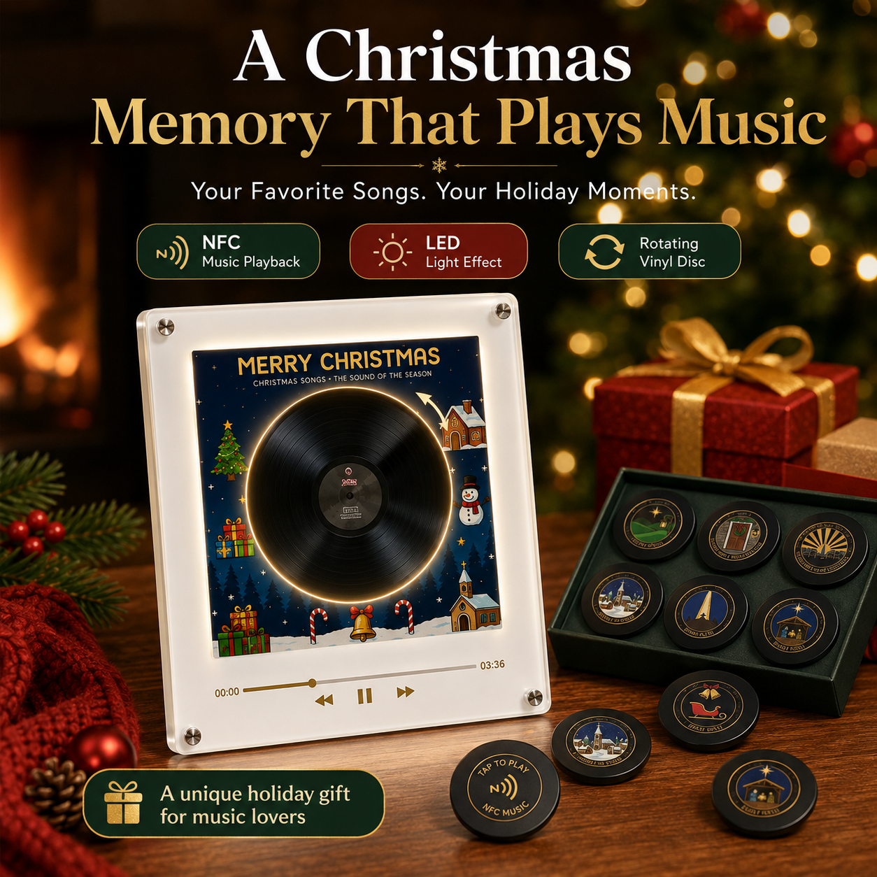 ✨The Christmas Record That Plays Your Favorite Songs 🎄 – NFC Vinyl Music Display with LED & Rotating Disc