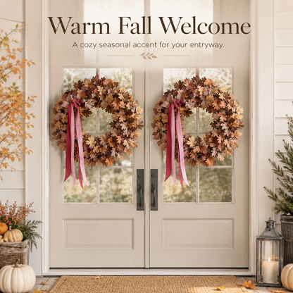 🍂 Set of 2 Autumn Leaf Wreaths With Ribbon – Matching Fall Door & Home Decor