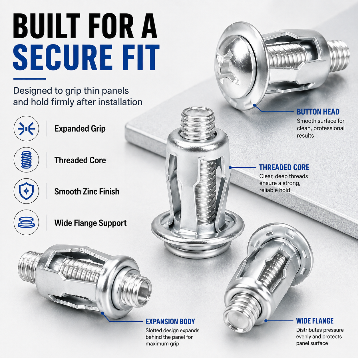 Rivet locking nut construction showing expansion body threaded core and flange