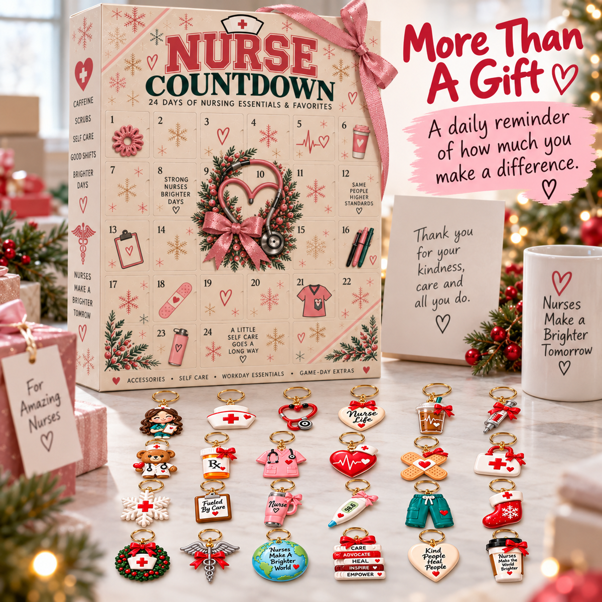 🎄 24-Day Nurse Appreciation Advent Calendar – 24 Nurse-Themed Keychains