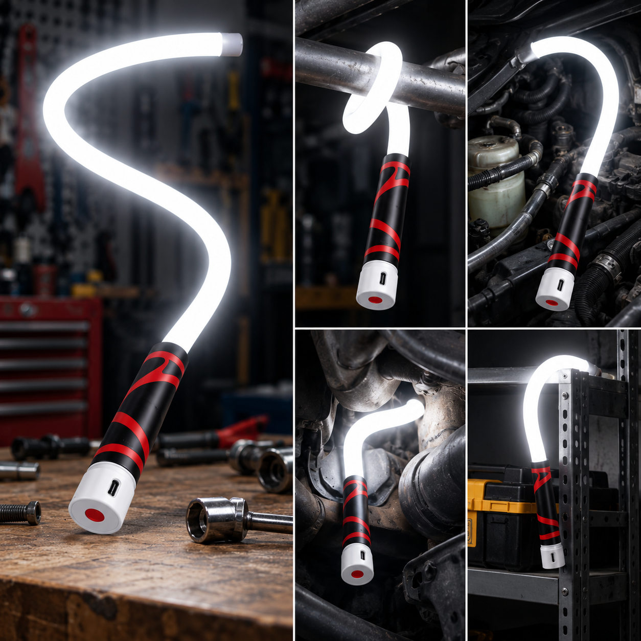 Flexible LED work light bent into multiple shapes around workshop objects