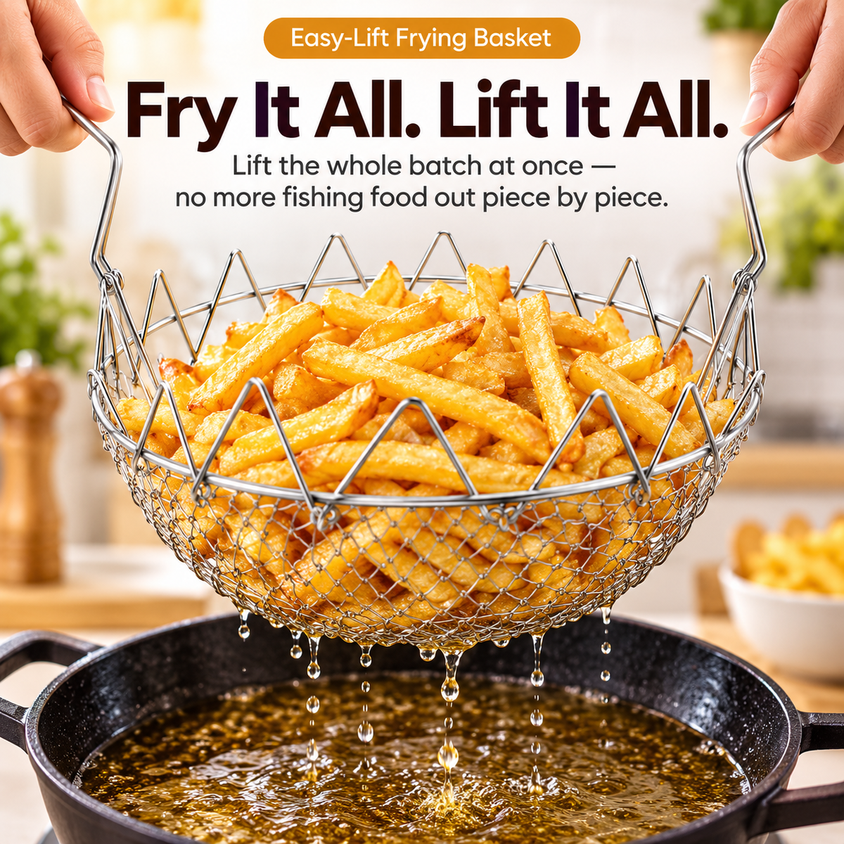 🍟 Foldable Easy-Lift Frying Basket – Fry, Lift & Drain the Whole Batch in One Easy Move