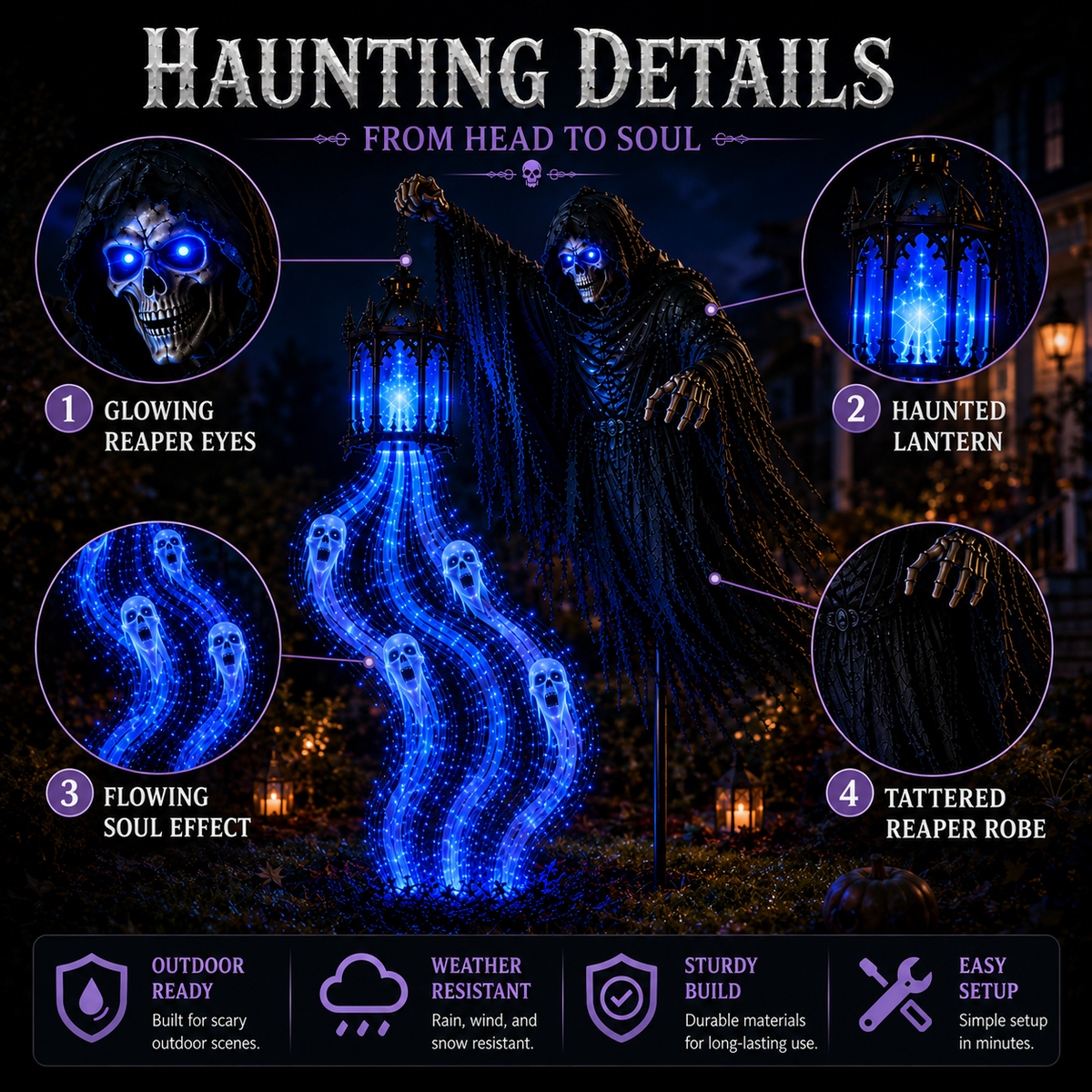 Close details of glowing Reaper eyes haunted lantern spirits and tattered robe