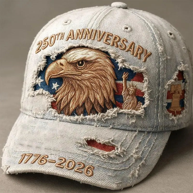 250th Anniversary 1776-2026 Distressed Denim Baseball Cap for Men American Flag Embroidery