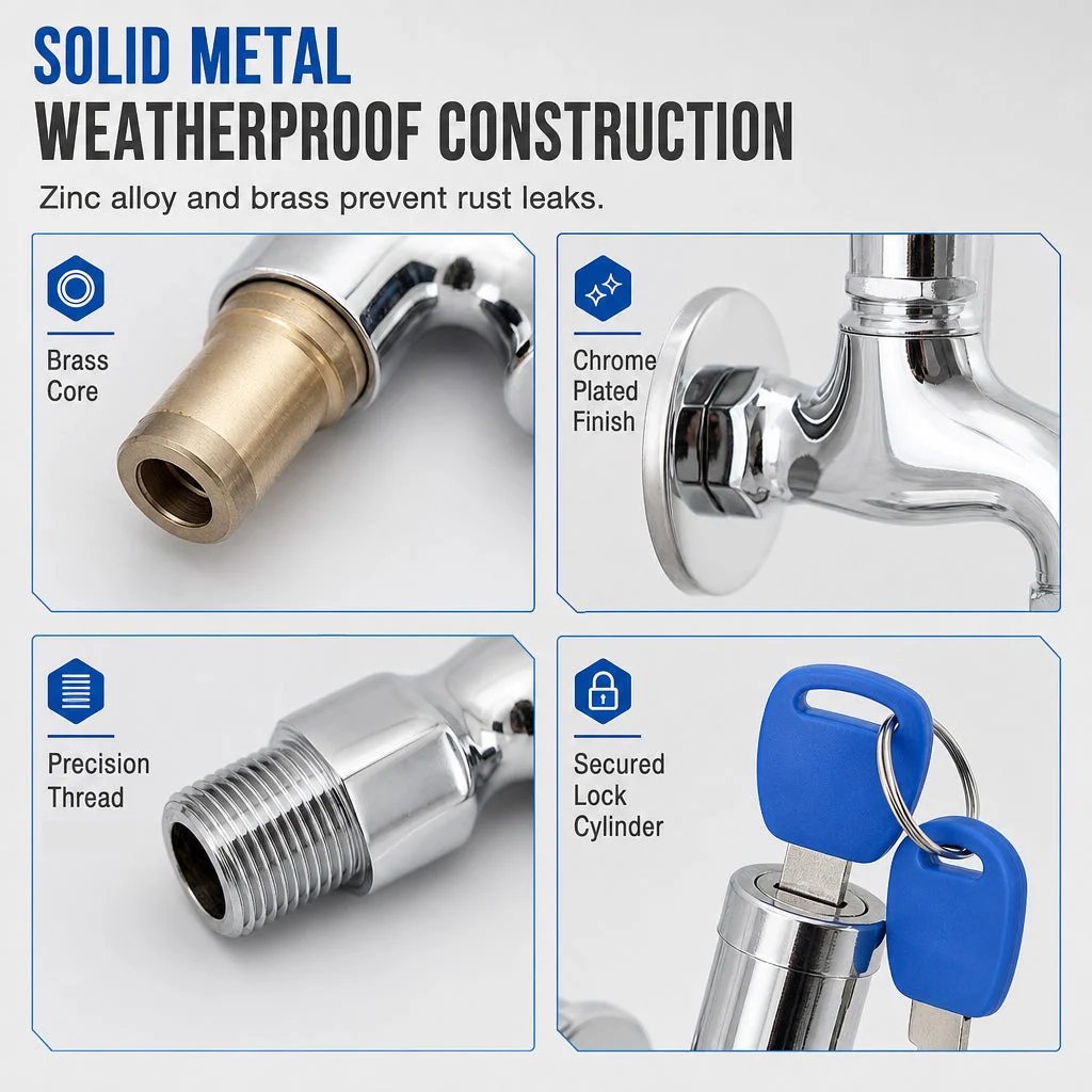 🔐 Lockable Outdoor Water Faucet with Key — Secure Metal Garden Tap for Outdoor Water Access