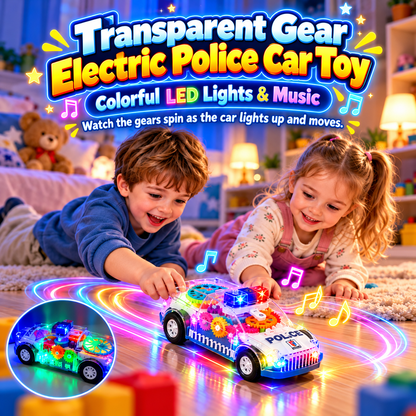🚓 Transparent Gear Police Toy Car – Spinning Gears, LED Lights & Music