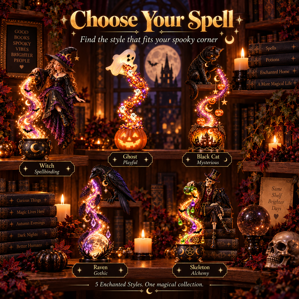 Five Witch Ghost Black Cat Raven and Skeleton Halloween shelf light styles