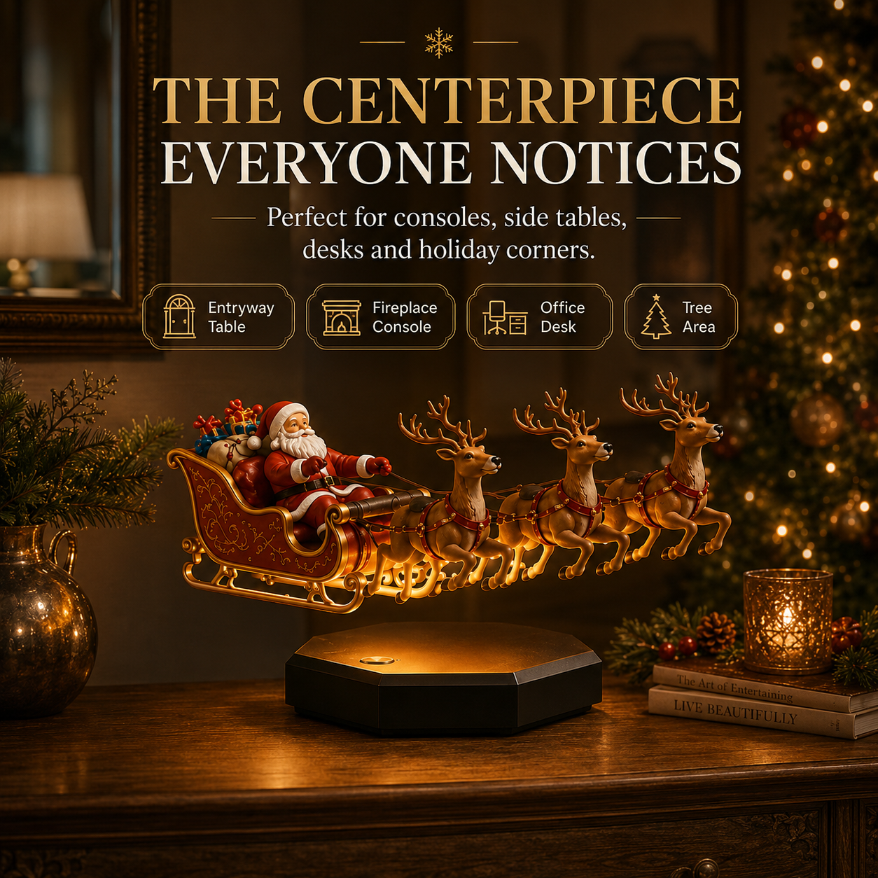 🎅 Floating Santa Sleigh with 4 Reindeer – Magnetic Christmas Centerpiece