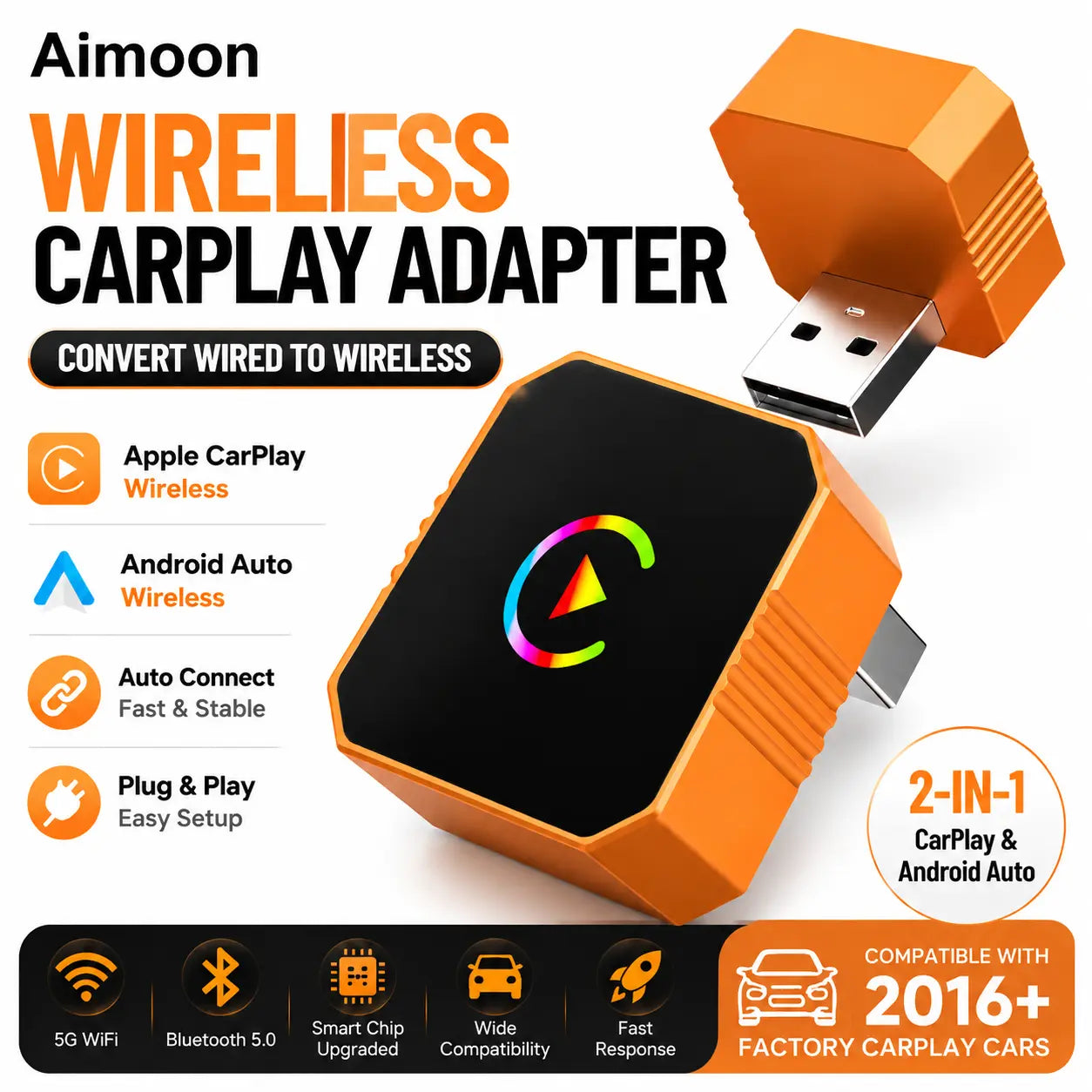 2 in 1 Wireless CarPlay Adapter, Plug & Play, Fast Auto Connection, Compatible with Factory CarPlay Cars 2016+