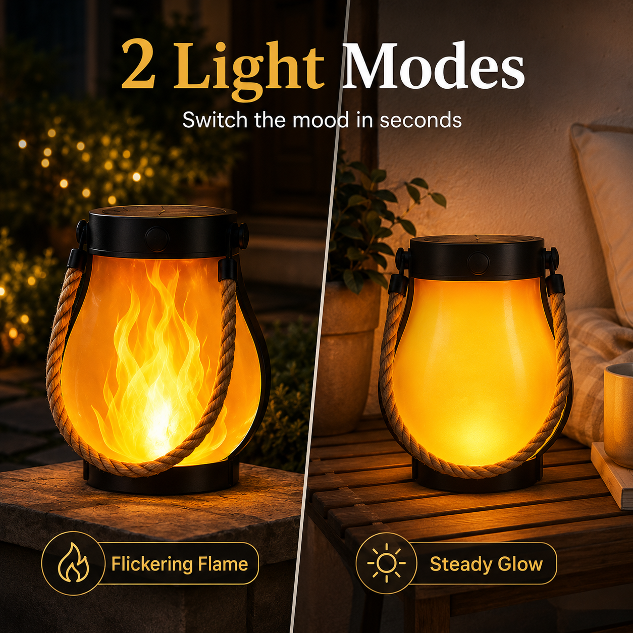 Two lighting modes flickering flame and steady glow