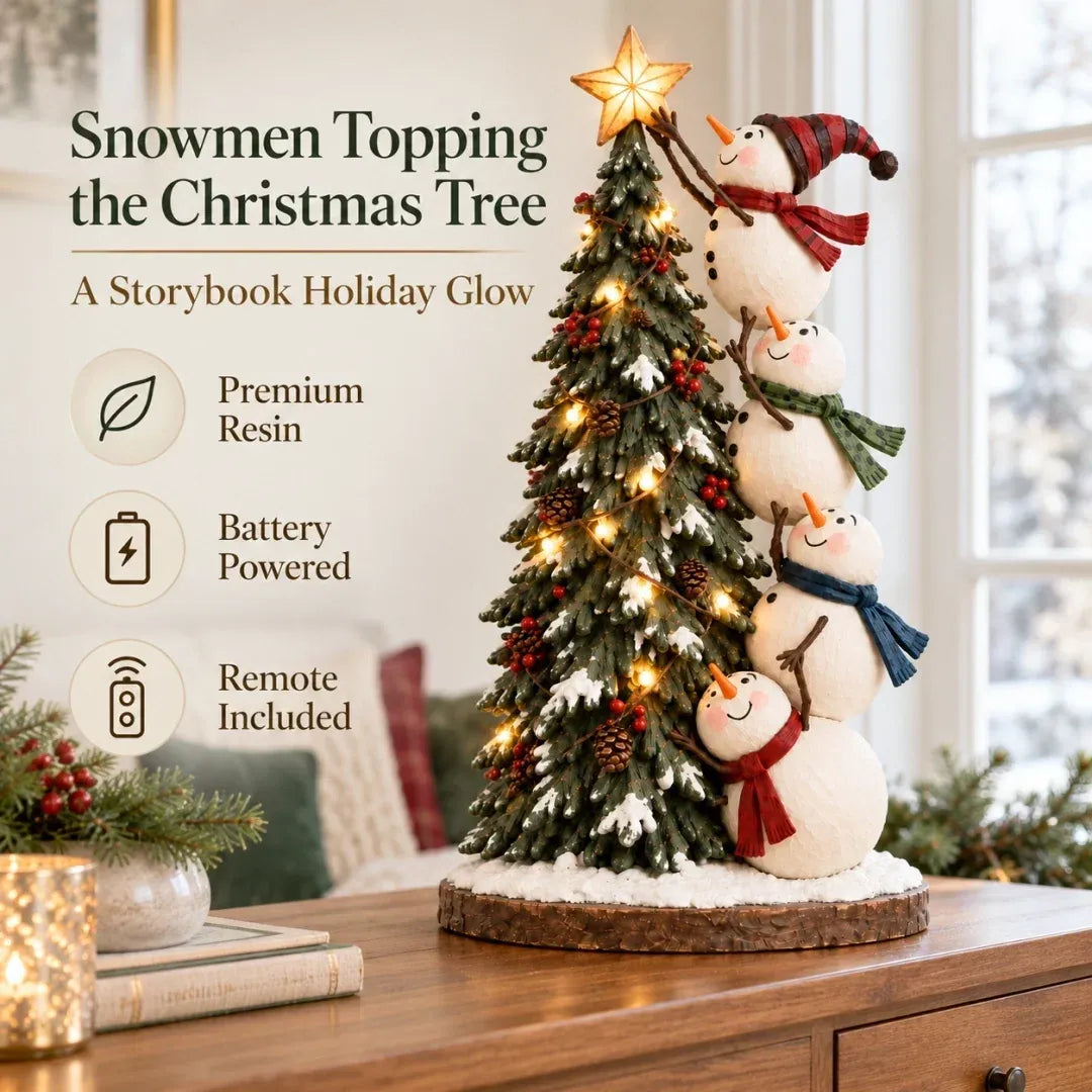 ⛄ Four Snowmen Light-Up Christmas Tree Figurine – LED Holiday Tabletop Decoration