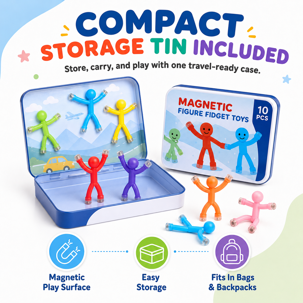 Compact magnetic figure storage tin used as magnetic play surface