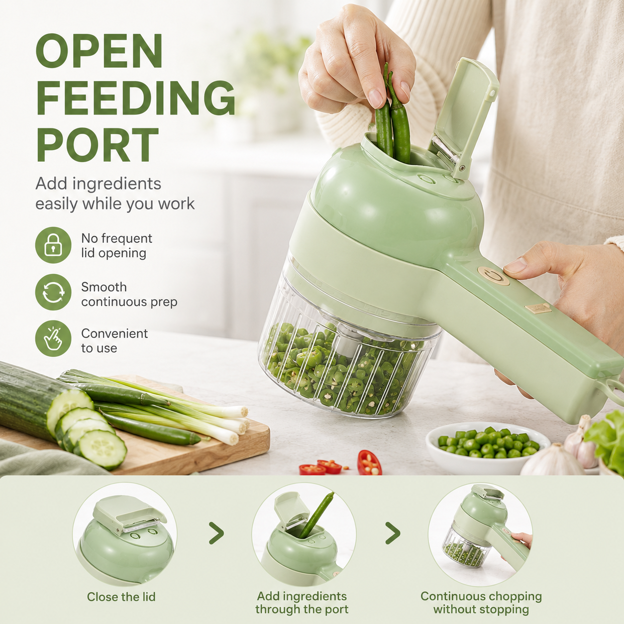 Open feeding port on cordless electric vegetable cutter