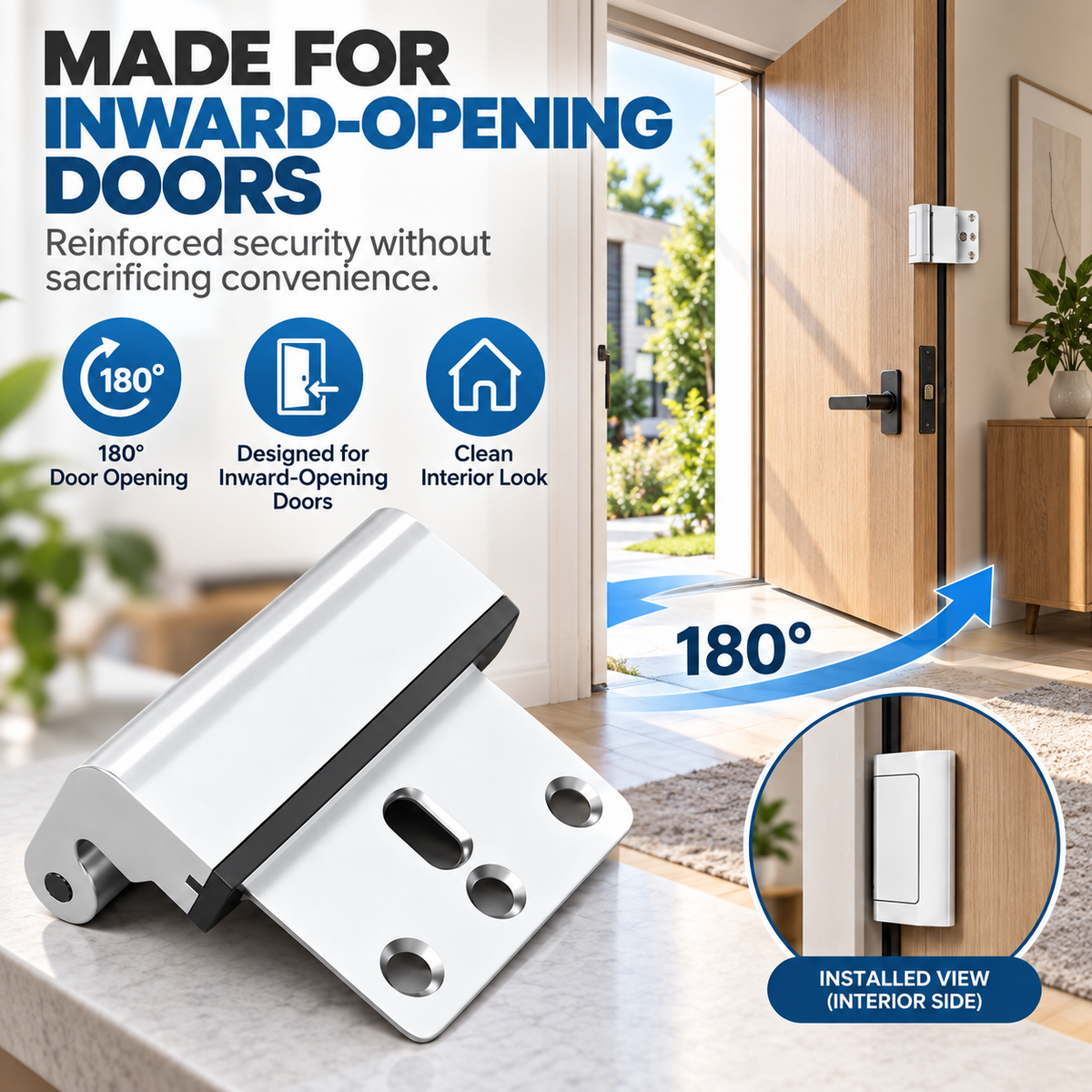 180 degree door reinforcement lock designed for inward-opening doors