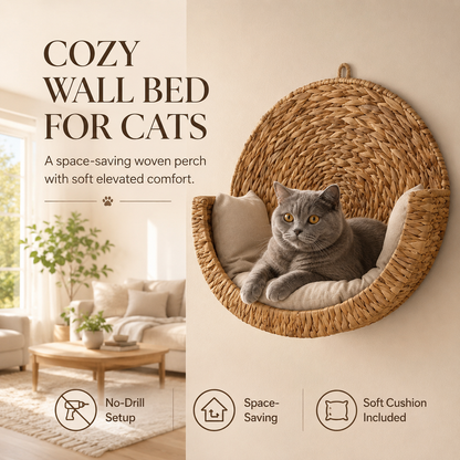Handwoven Wall-Mounted Cat Bed – Cozy Space-Saving Cat Perch with Cushion