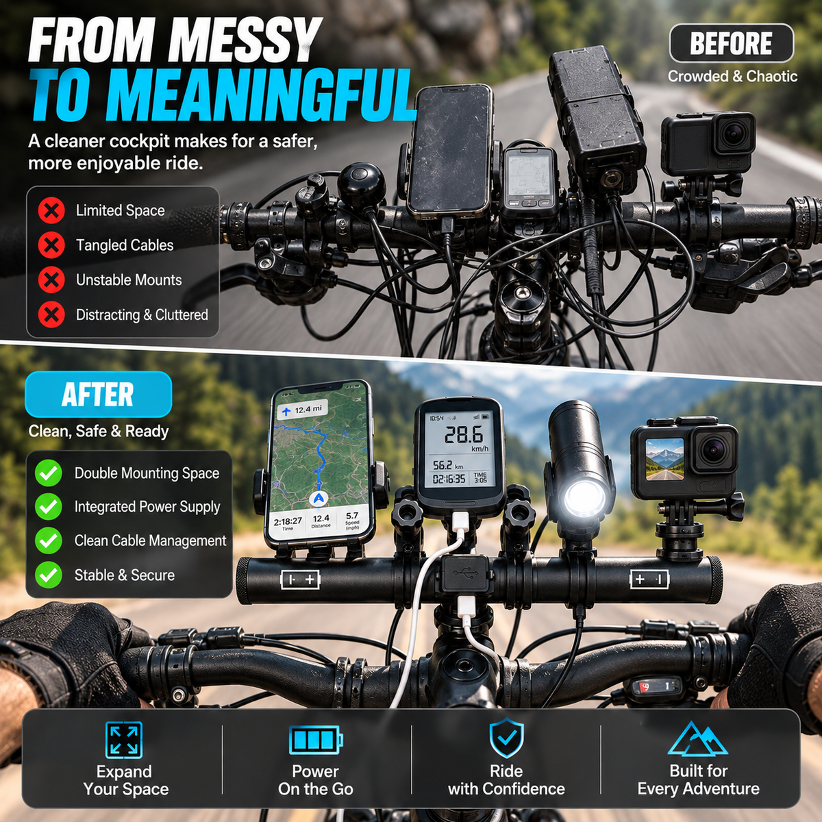 🚴 Powered Bike Handlebar Extender – Extra Mounting Space + USB Charging