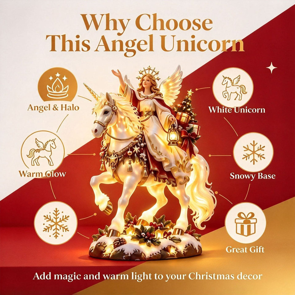 Christmas figurine with angel and unicorn – fairytale details in warm white light.