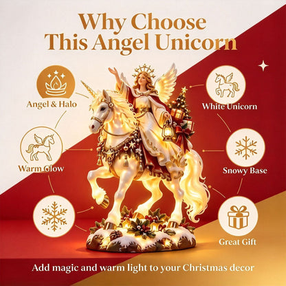 Christmas figurine with angel and unicorn – fairytale details in warm white light.