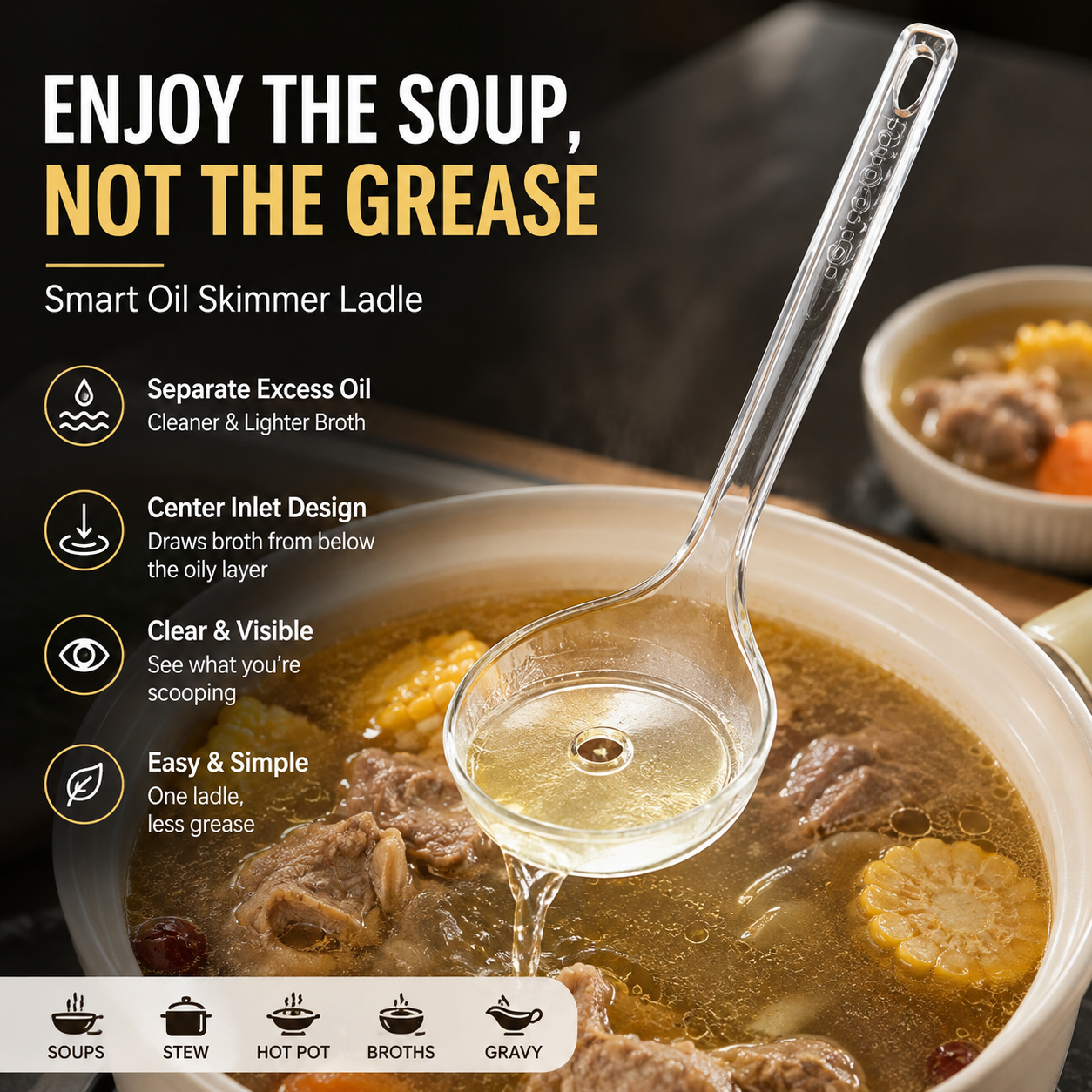 🥣 Fat Skimmer Ladle | Clear Oil Separator Spoon for Soup, Broth & Stew