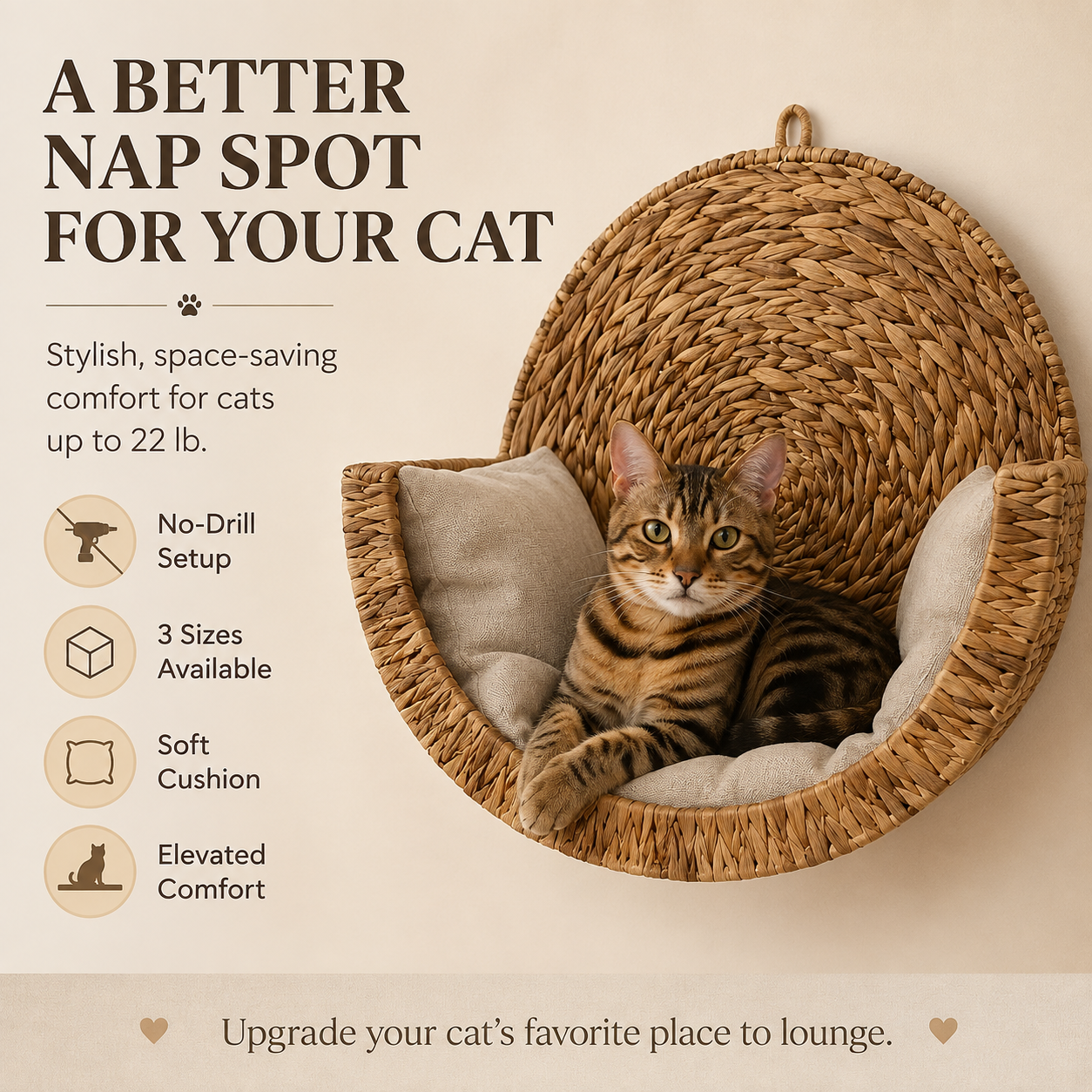 Handwoven Wall-Mounted Cat Bed – Cozy Space-Saving Cat Perch with Cushion