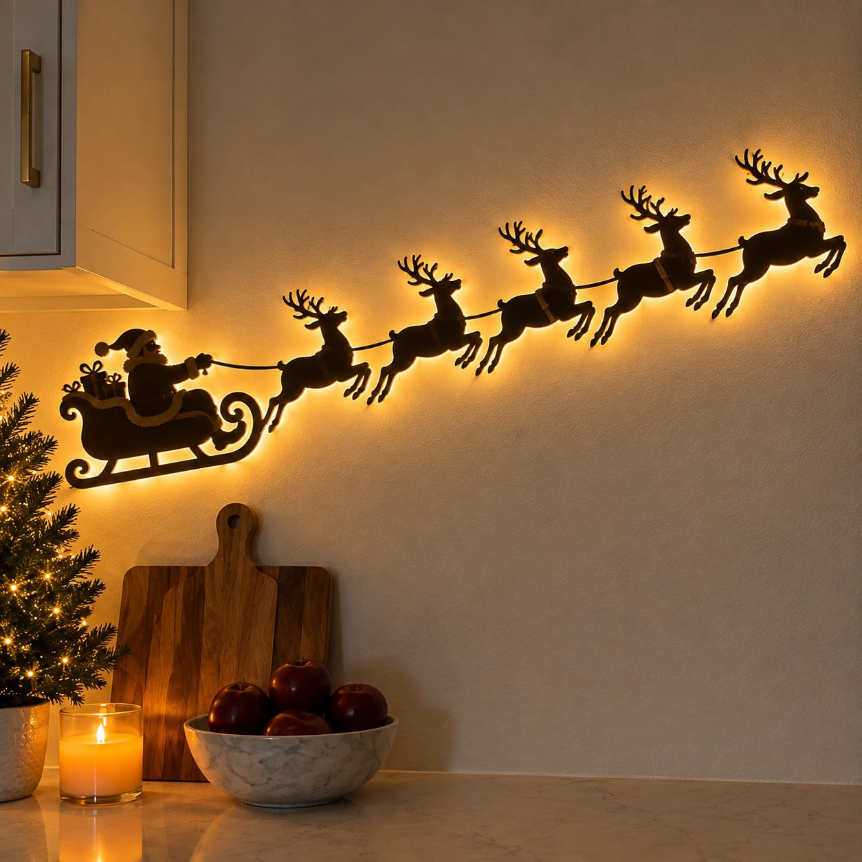 Santa & 6 Reindeer LED Wall Décor – Peel, Press & Glow