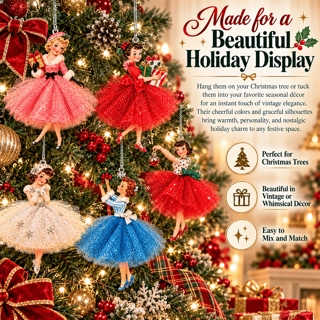 🎀 5 Vintage Christmas Lady Ornaments – Retro Faces, Tulle Skirts & Holiday Charm