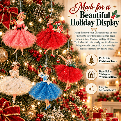 🎀 5 Vintage Christmas Lady Ornaments – Retro Faces, Tulle Skirts & Holiday Charm