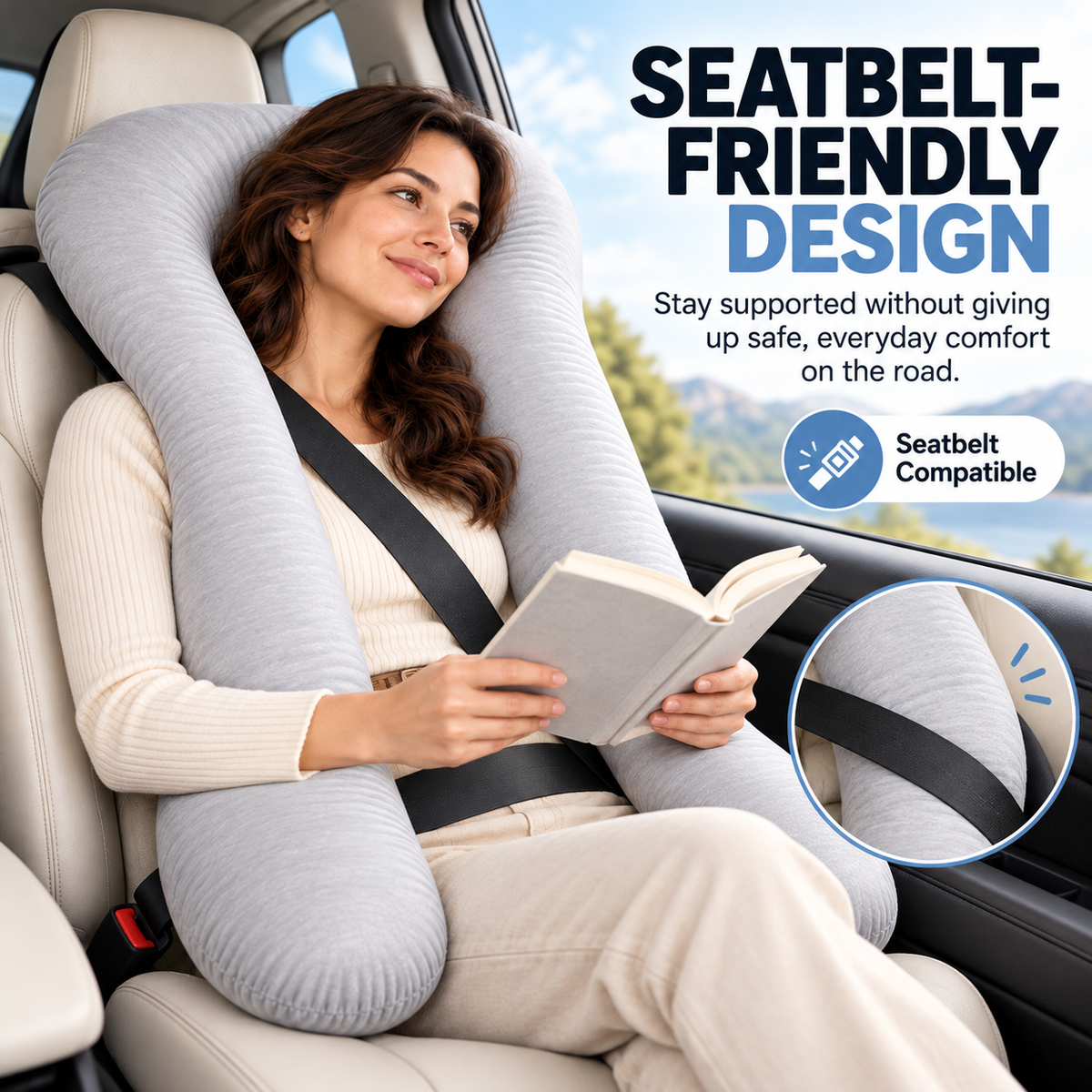 Passenger using the PlushRide pillow with a seatbelt fastened across the body