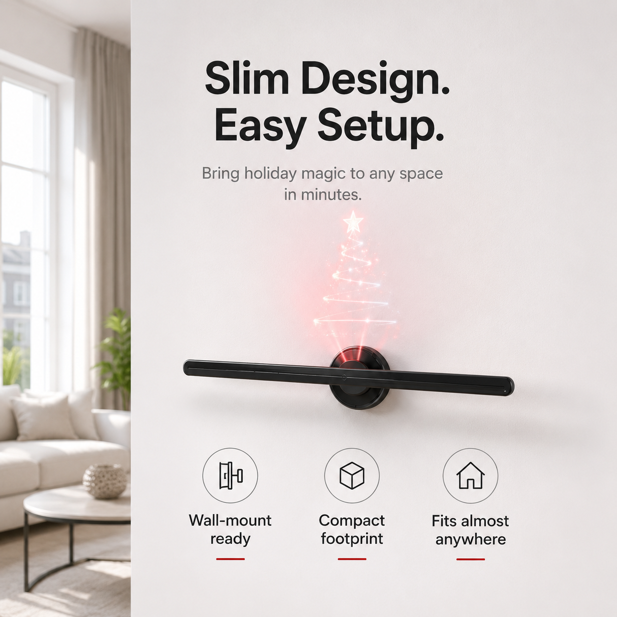 Slim wall mounted 3D hologram fan Christmas projector in modern living room