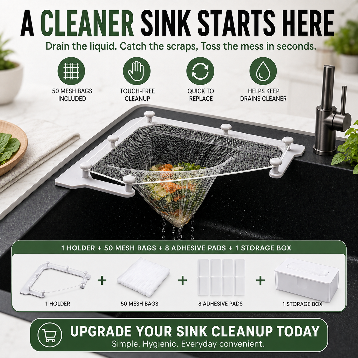 🗑️ Smart Sink Strainer Holder Kit With 50 Mesh Bags – Keep Food Scraps Away From Your Drain