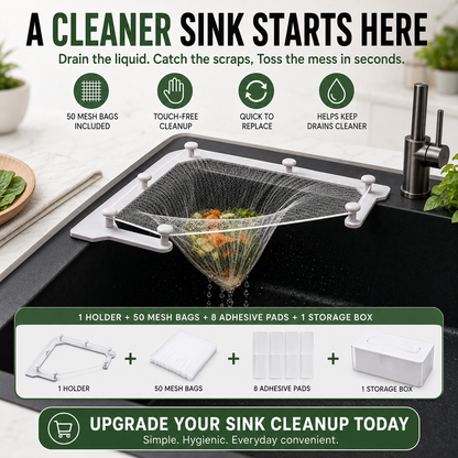 🗑️ Smart Sink Strainer Holder Kit With 50 Mesh Bags – Keep Food Scraps Away From Your Drain
