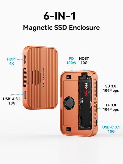 ACASIS 10Gbps Magnetic M.2 NVMe SSD Enclosure & USB C Docking Station with Cooling Fan for iPhone 17/16/15 Pro/Pro Max/Plus